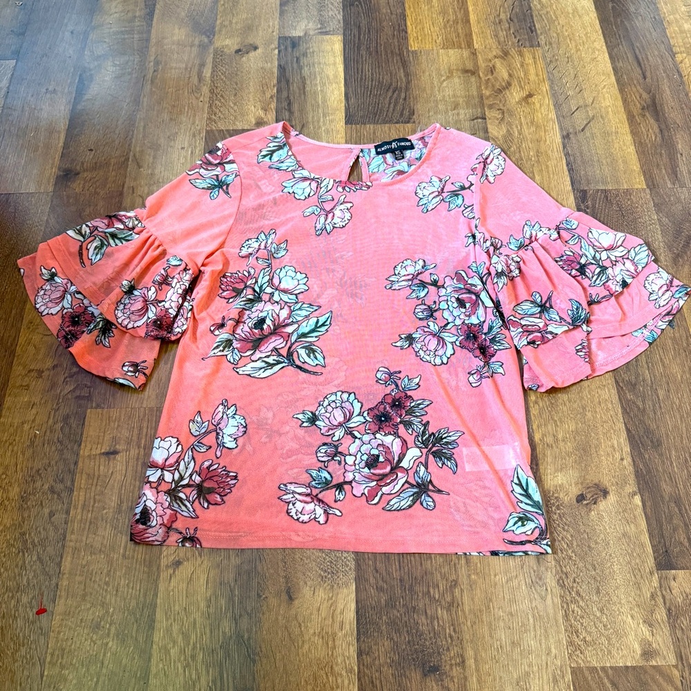 Almost Famous Top Blouse Women’s XS Pink Coral Flounce Sleeve Sheer Romantic